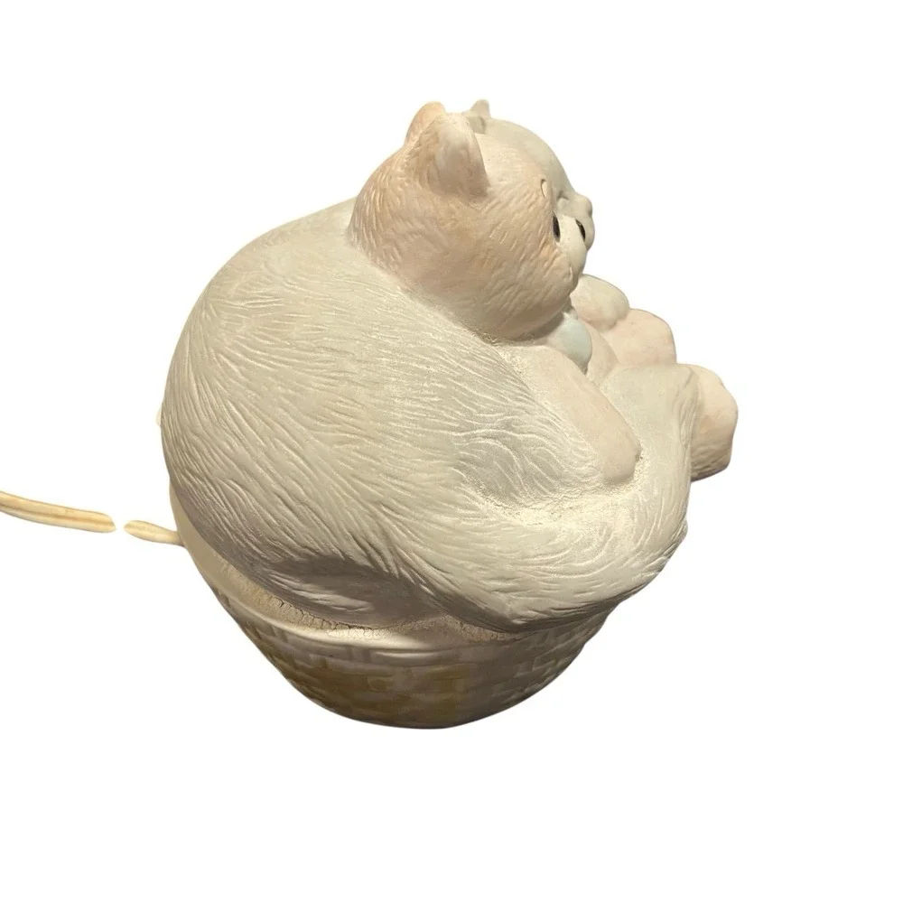 Vintage Ceramic Cat In Bed With Bear Light Cottagecore Small Table Lamp Works